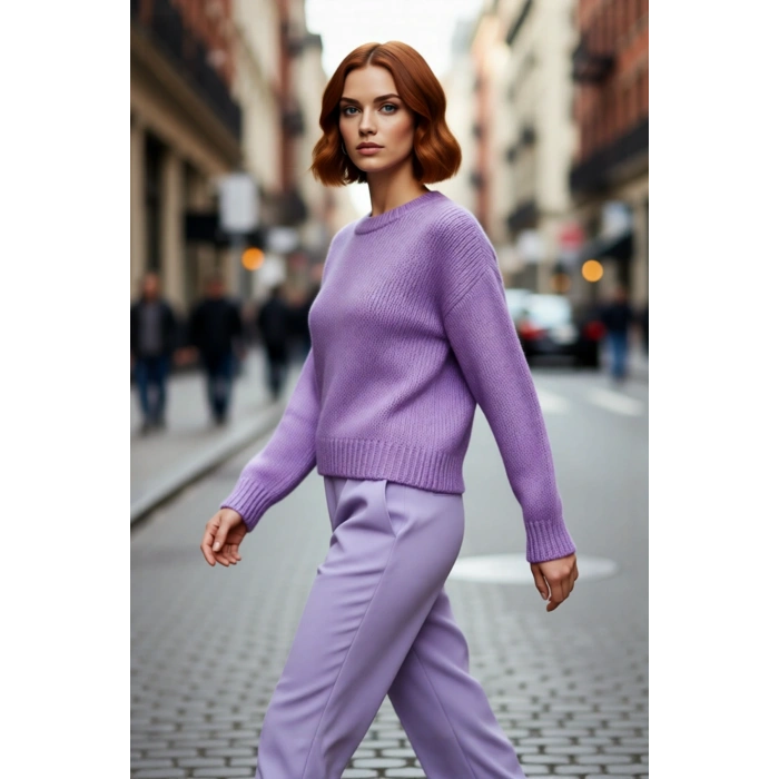 Kadın Kışlık Oversize Basic Triko Kazak Bisiklet Yaka Düşük Kollu Rahat ve Şık Günlük Stil