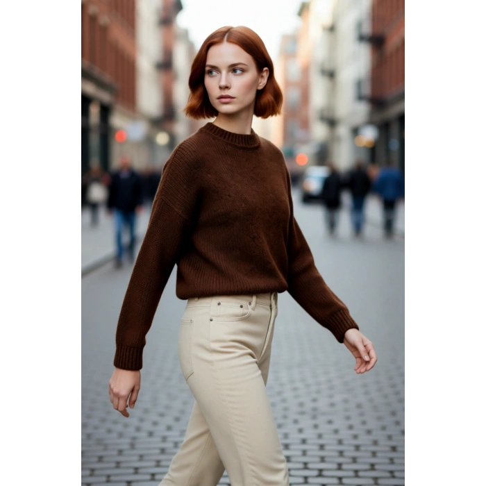 Kadın Kışlık Oversize Basic Triko Kazak Bisiklet Yaka Düşük Kollu Rahat ve Şık Günlük Stil