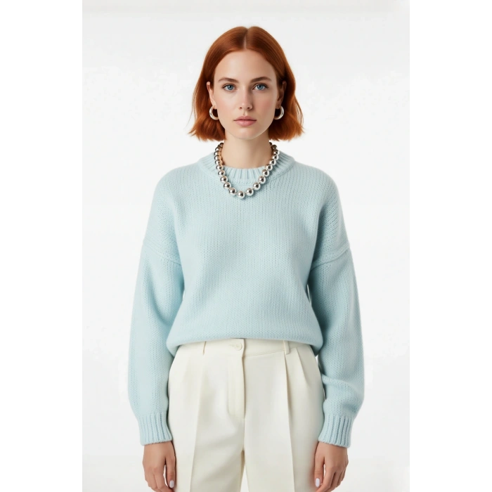 Kadın Kışlık Oversize Basic Triko Kazak Bisiklet Yaka Düşük Kollu Rahat ve Şık Günlük Stil