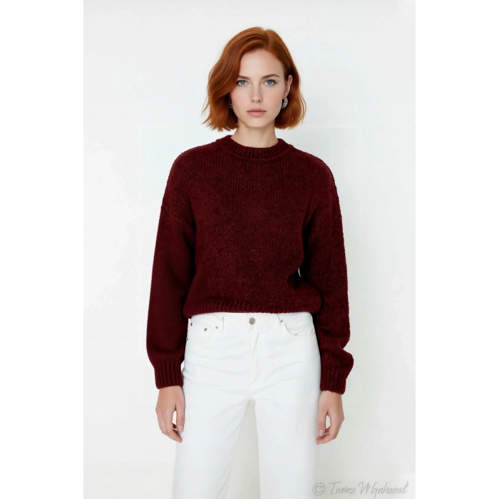 Kadın Kışlık Oversize Basic Triko Kazak Bisiklet Yaka Düşük Kollu Rahat ve Şık Günlük Stil