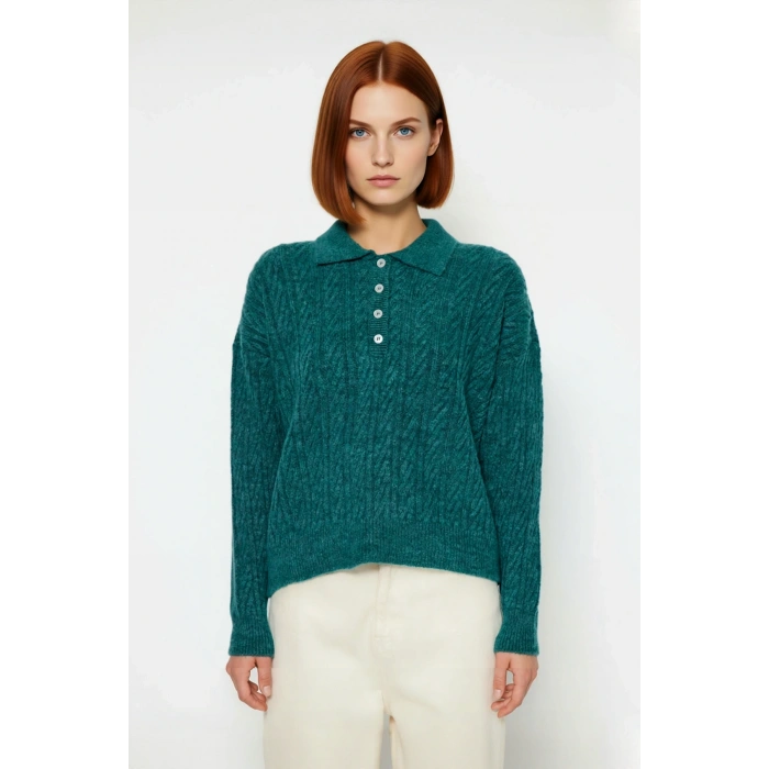 Kadın Kışlık Oversize Polo Yaka Saç Örgü Triko Kazak Düşük Uzun Kollu Basic Rahat Tasarım Kaliteli