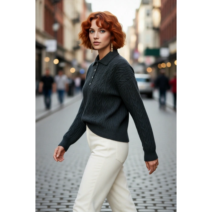 Kadın Kışlık Oversize Polo Yaka Saç Örgü Triko Kazak Düşük Uzun Kollu Basic Rahat Tasarım Kaliteli