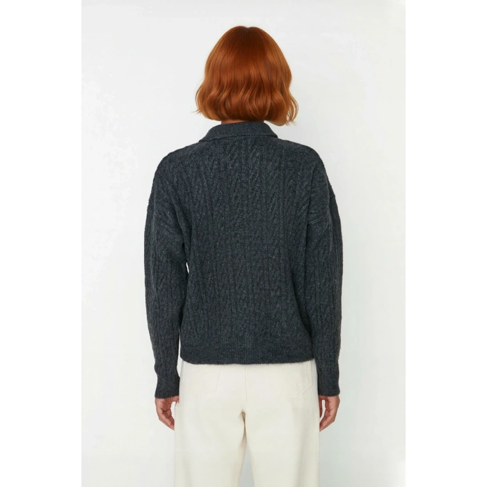 Kadın Kışlık Oversize Polo Yaka Saç Örgü Triko Kazak Düşük Uzun Kollu Basic Rahat Tasarım Kaliteli