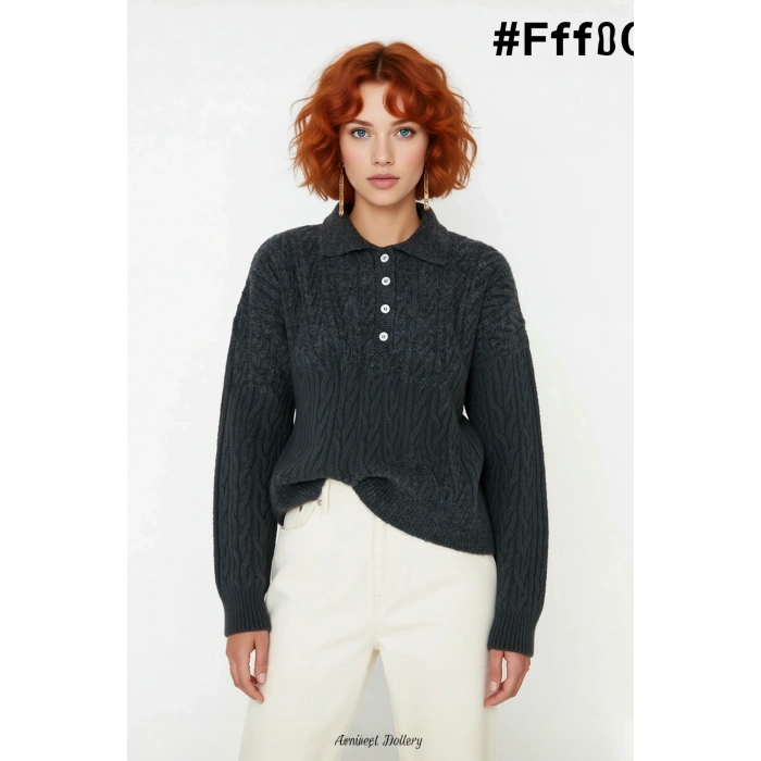 Kadın Kışlık Oversize Polo Yaka Saç Örgü Triko Kazak Düşük Uzun Kollu Basic Rahat Tasarım Kaliteli