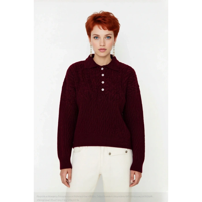 Kadın Kışlık Oversize Polo Yaka Saç Örgü Triko Kazak Düşük Uzun Kollu Basic Rahat Tasarım Kaliteli