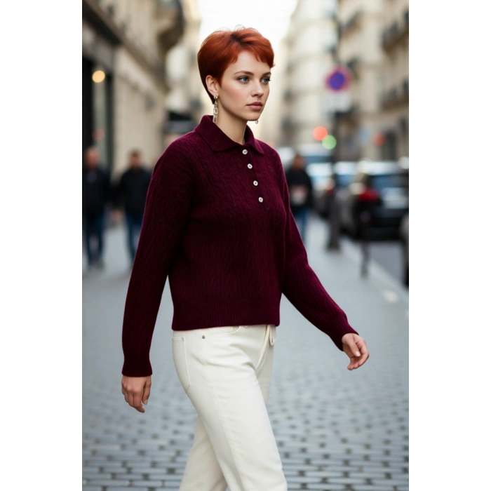 Kadın Kışlık Oversize Polo Yaka Saç Örgü Triko Kazak Düşük Uzun Kollu Basic Rahat Tasarım Kaliteli