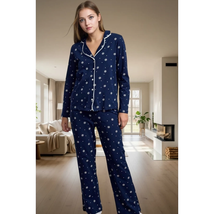 Kadın Kışlık Pamuklu Pijama Takımı Biyeli Desenli Rahat Ev Giyim Seti Günlük Kullanım İçin
