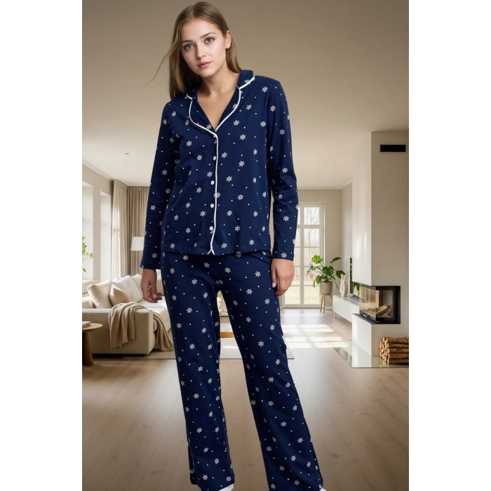 Kadın Kışlık Pamuklu Pijama Takımı Biyeli Desenli Rahat Ev Giyim Seti Günlük Kullanım İçin