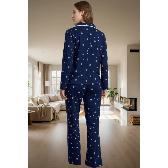 Kadın Kışlık Pamuklu Pijama Takımı Biyeli Desenli Rahat Ev Giyim Seti Günlük Kullanım İçin