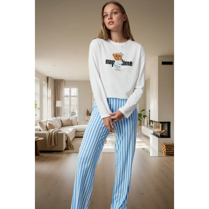Kadın Kışlık Pijama Takımı %100 Pamuk Regular Kalıp Boru Paça Profesyonel Görünüm