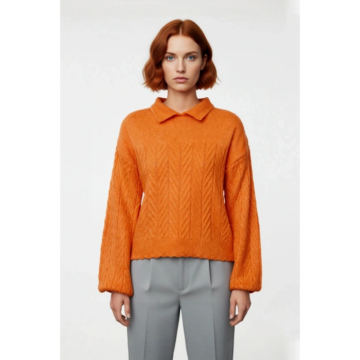 Kadın Kışlık Regular Kalıp Akrilik Triko Kazak Polo Yaka Saç Örgü Desenli Konforlu Uzun Kol