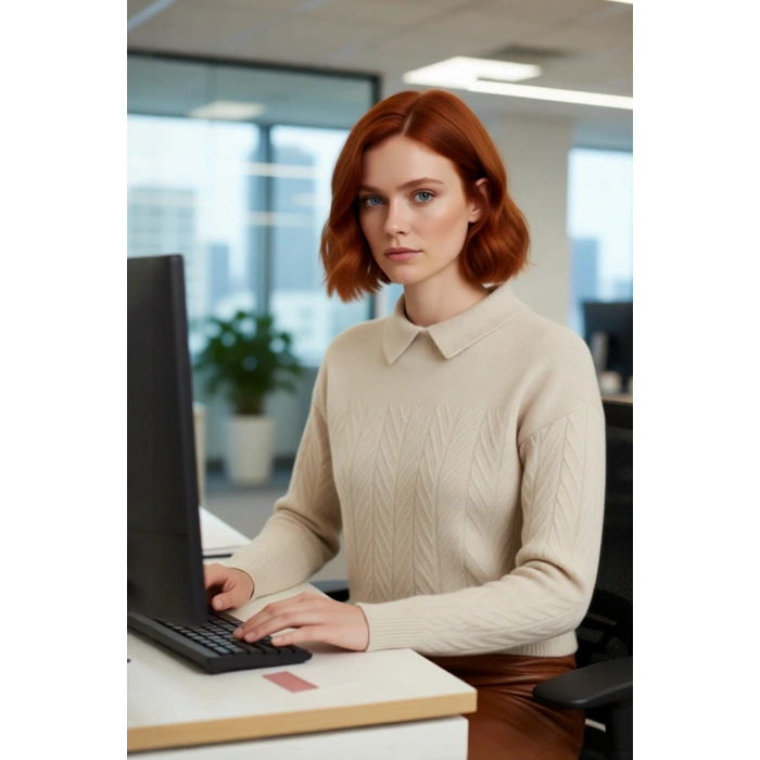 Kadın Kışlık Regular Kalıp Akrilik Triko Kazak Polo Yaka Saç Örgü Desenli Konforlu Uzun Kol