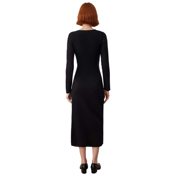 Kadın Kışlık Siyah İnce Triko Elbise Maxi Boy Kruvaze Yaka Shift Kalıp Günlük Şıklık İçin Kaliteli