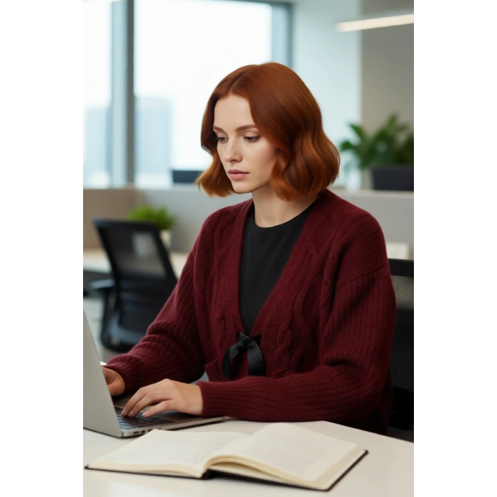 Kadın Kışlık Triko Kazak Regular Kalıp V Yaka Saç Örgü Düşük Kol Crop Fiyonk Detaylı Tasarım