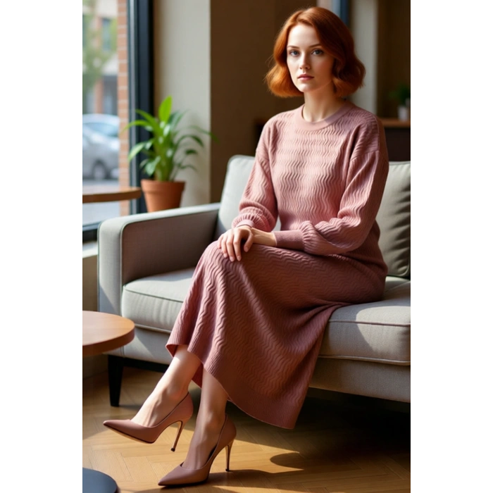 Kadın Kışlık Uzun Triko Elbise Rahat Shift Kalıbı ve Ajurlu Dokusuyla Şık Günlük Stiller Kaliteli