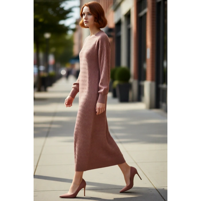 Kadın Kışlık Uzun Triko Elbise Rahat Shift Kalıbı ve Ajurlu Dokusuyla Şık Günlük Stiller Kaliteli
