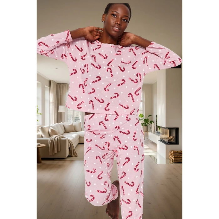 Kadın Kışlık Yılbaşı Baskılı Pamuklu Pijama Takımı Rahat Kullanım Günlük İçin