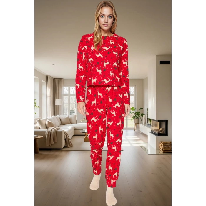 Kadın Kışlık Yılbaşı Baskılı Pamuklu Pijama Takımı Rahat Kullanım Günlük İçin