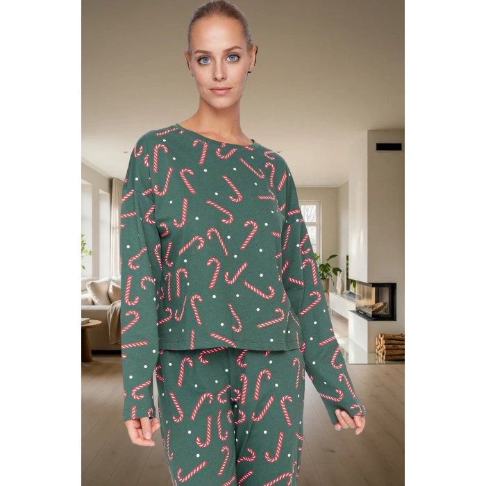 Kadın Kışlık Yılbaşı Baskılı Pamuklu Pijama Takımı Rahat Kullanım Günlük İçin