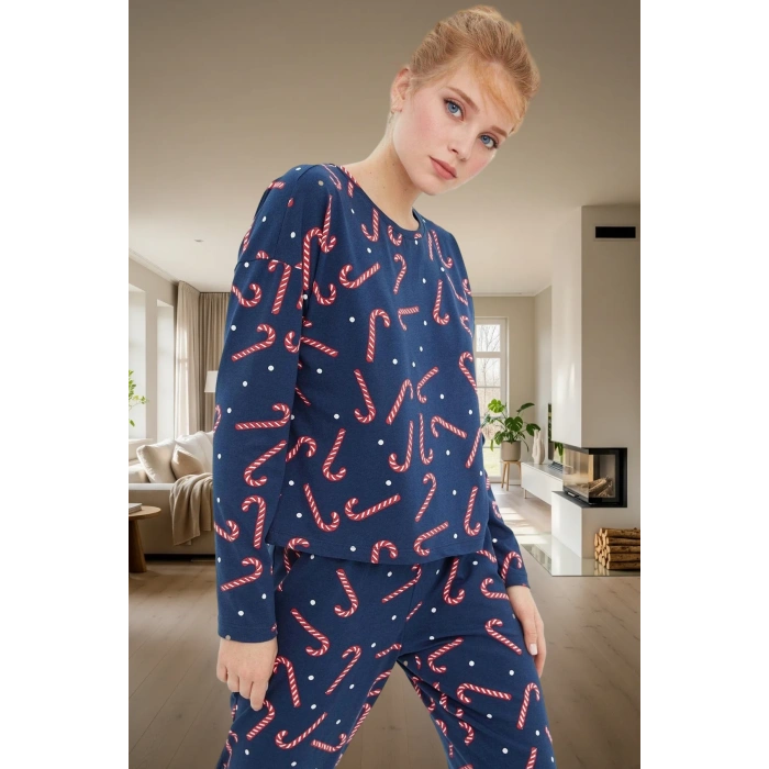 Kadın Kışlık Yılbaşı Baskılı Pamuklu Pijama Takımı Rahat Kullanım Günlük İçin