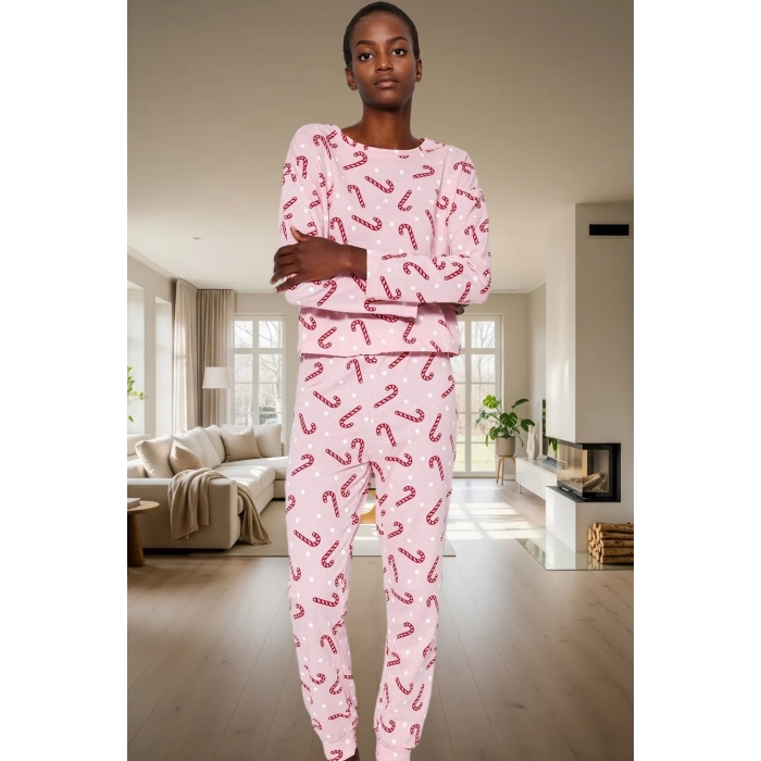 Kadın Kışlık Yılbaşı Baskılı Pamuklu Pijama Takımı Rahat Kullanım Günlük İçin