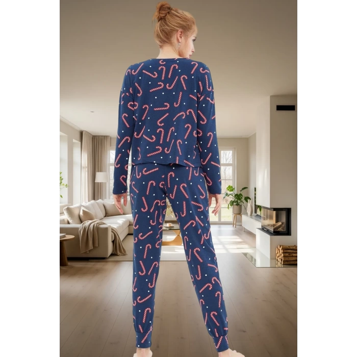 Kadın Kışlık Yılbaşı Baskılı Pamuklu Pijama Takımı Rahat Kullanım Günlük İçin