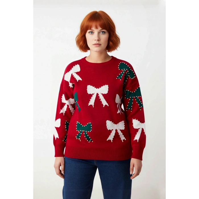 Kadın Kışlık Yılbaşı Temalı Fiyonklu İncili Bisiklet Yaka Uzun Kol Düşük Omuz Regular Triko Kazak