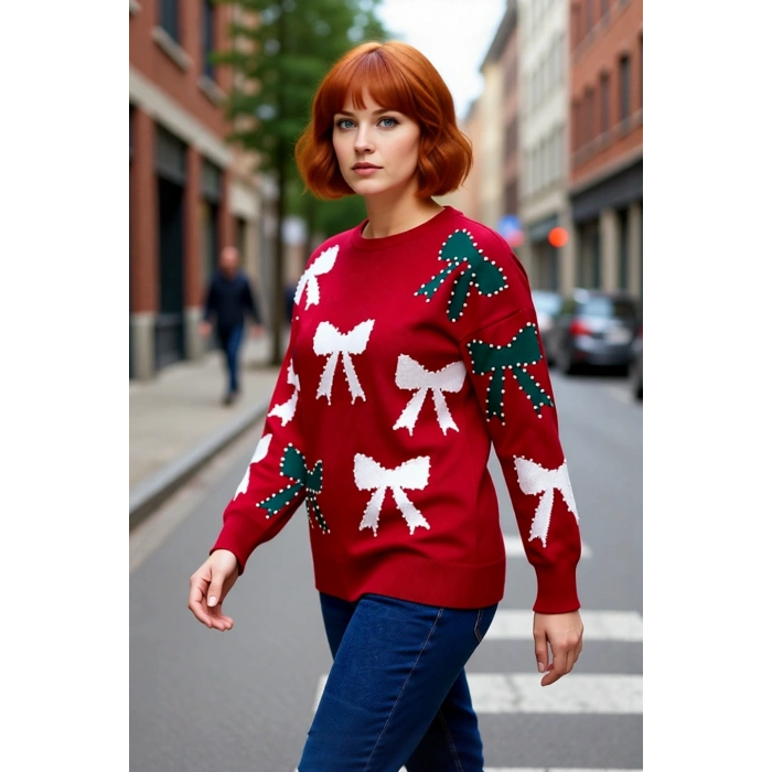 Kadın Kışlık Yılbaşı Temalı Fiyonklu İncili Bisiklet Yaka Uzun Kol Düşük Omuz Regular Triko Kazak