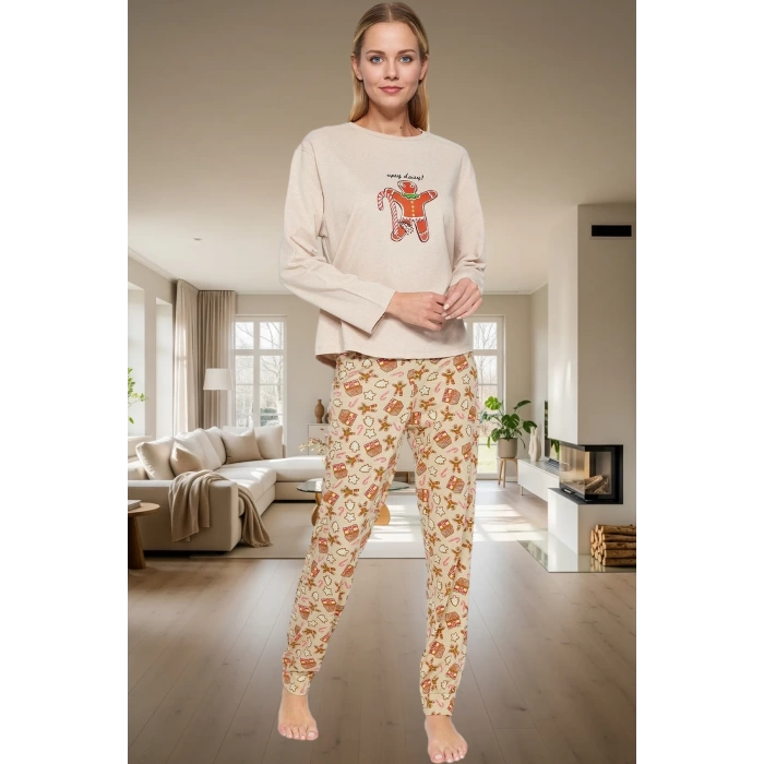 Kadın Kışlık Yılbaşı Temalı Pijama Takımı %100 Pamuk Regular Kalıp Modern Stil Günlük Kullanım İçin