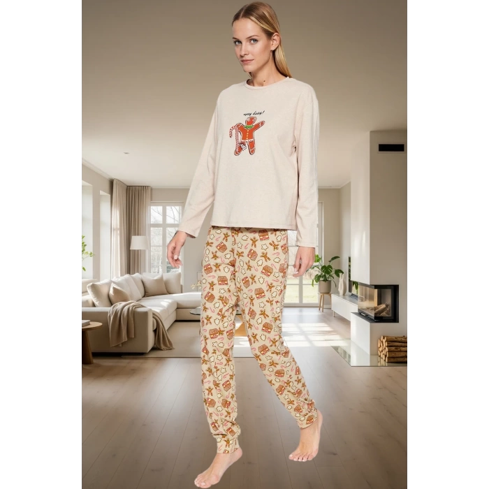Kadın Kışlık Yılbaşı Temalı Pijama Takımı %100 Pamuk Regular Kalıp Modern Stil Günlük Kullanım İçin
