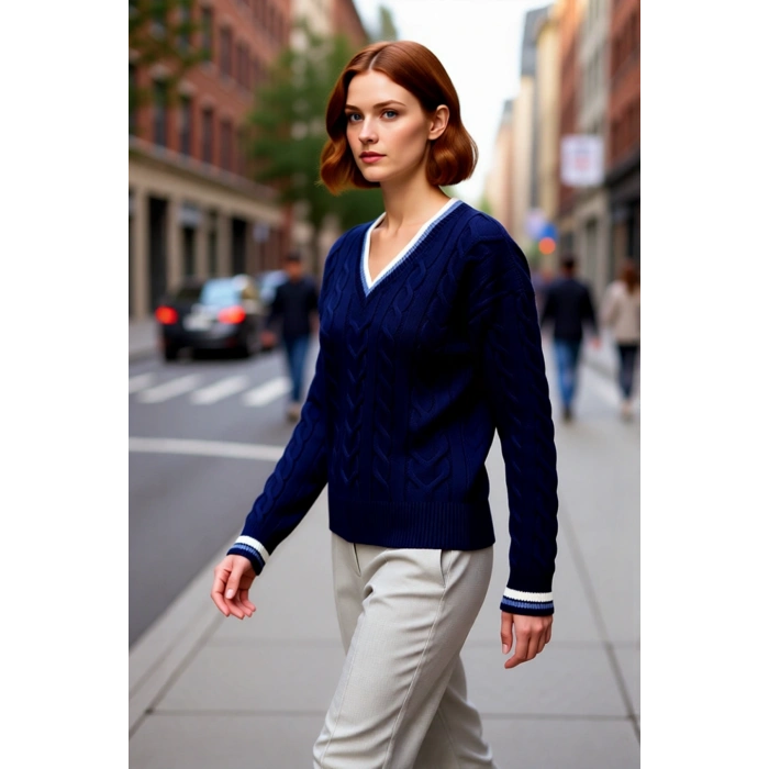 Kadın Kolej Stil Saç Örgülü V Yaka Triko Kazak Regular Kalıp Rahat Şık Günlük Kombinler İçin