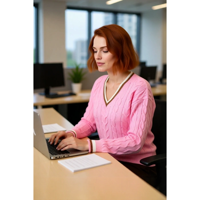 Kadın Kolej Stil Saç Örgülü V Yaka Triko Kazak Regular Kalıp Rahat Şık Günlük Kombinler İçin
