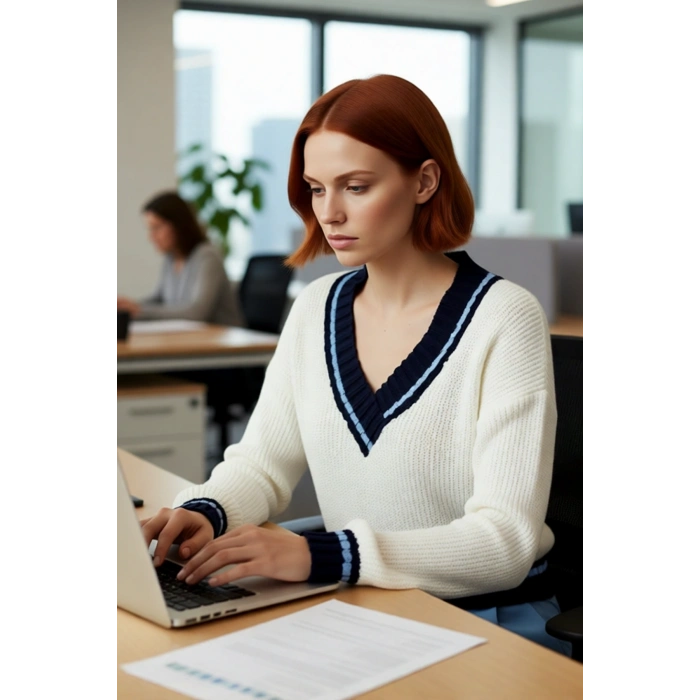 Kadın Kolej Temalı V Yaka Akrilik Oversize Triko Kazak Rahat Düşük Kol Crop Kış Stili. Kaliteli