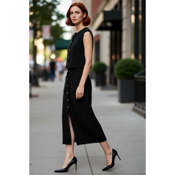 Kadın Kolsuz %100 Pamuk Tüvit Dokuma Düğmeli Bisiklet Yaka Astarlı Midi Ceket Elbise İlkbahar