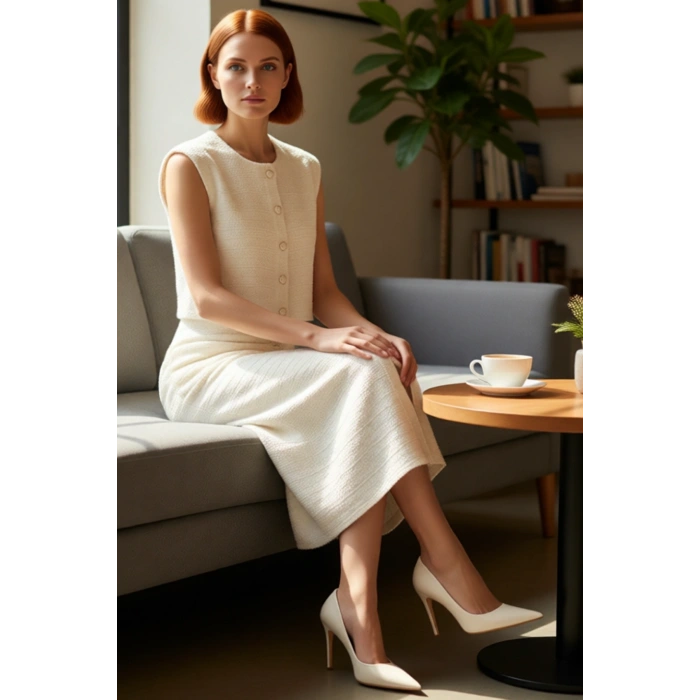 Kadın Kolsuz %100 Pamuk Tüvit Dokuma Düğmeli Bisiklet Yaka Astarlı Midi Ceket Elbise İlkbahar