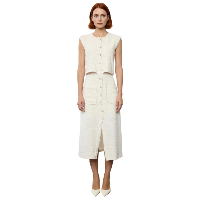 Kadın Kolsuz %100 Pamuk Tüvit Dokuma Düğmeli Bisiklet Yaka Astarlı Midi Ceket Elbise İlkbahar