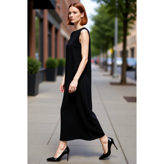 Kadın Kolsuz Aerobin Dokuma Shift Maxi Elbise Bisiklet Yaka Düz Desen Günlük Şıklığın Anahtarı