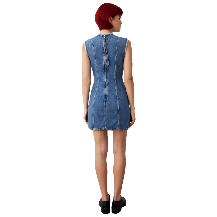 Kadın Kolsuz Bisiklet Yaka Düz A Line Mini Denim Elbise %100 Pamuk Kumaş Detaylarıyla Bahar Yaz