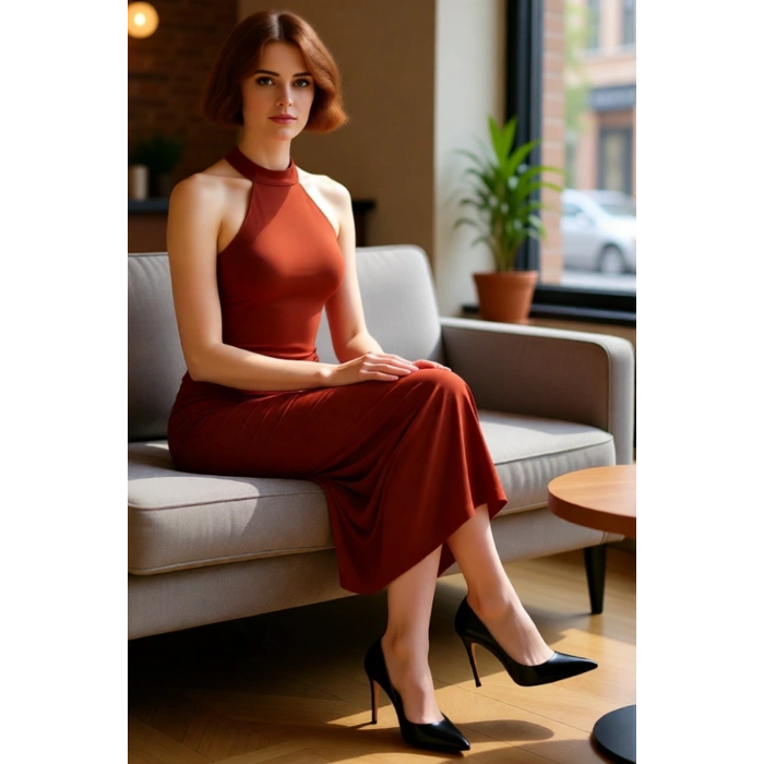 Kadın Kolsuz Bodycon Elbise Boyundan Bağlamalı Büzgülü Midi Kesim Örme Sandy Dokulu Şık Kaliteli