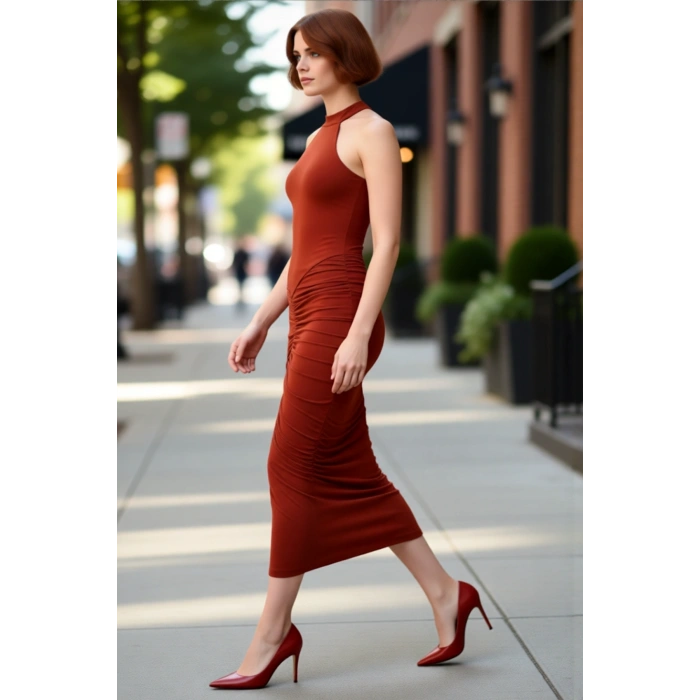 Kadın Kolsuz Bodycon Elbise Boyundan Bağlamalı Büzgülü Midi Kesim Örme Sandy Dokulu Şık Kaliteli