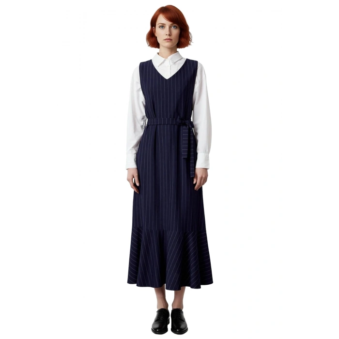 Kadın Kolsuz Jile Elbise Dokuma Kumaş Çizgili Desen V Yaka Rahat Şık Günlük Kombinler Kaliteli