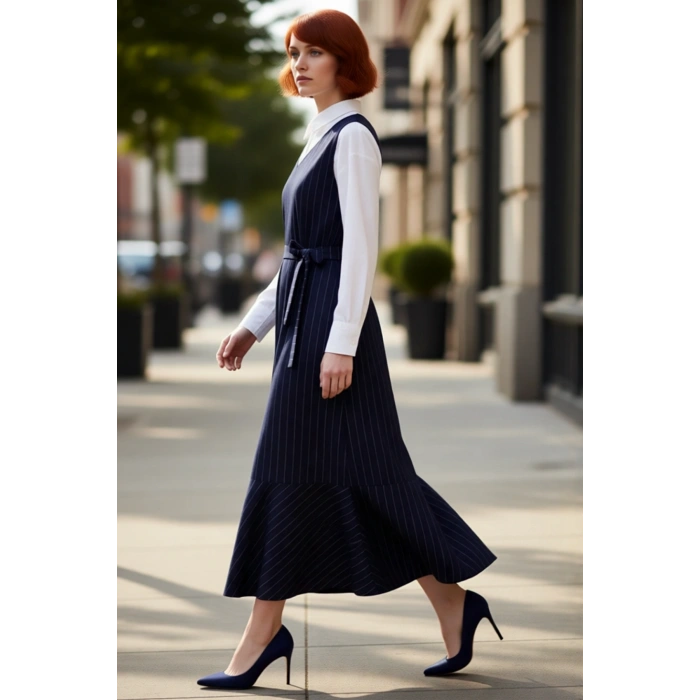 Kadın Kolsuz Jile Elbise Dokuma Kumaş Çizgili Desen V Yaka Rahat Şık Günlük Kombinler Kaliteli