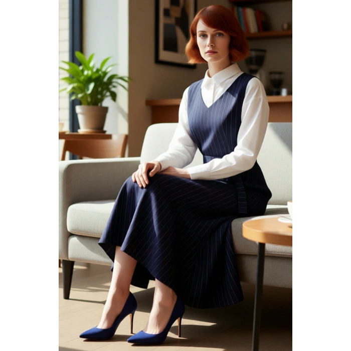 Kadın Kolsuz Jile Elbise Dokuma Kumaş Çizgili Desen V Yaka Rahat Şık Günlük Kombinler Kaliteli