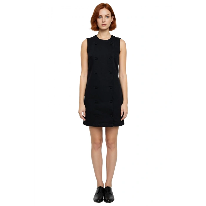 Kadın Kolsuz Kruvaze Yaka Mini Denim Elbise Düğme Detaylı %100 Pamuk Düz Kesim Şıklığı Kaliteli