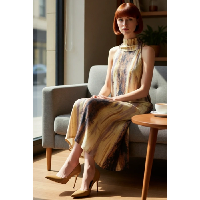 Kadın Kolsuz Maxi Boy Saten Dokuma Shift Elbise Halter Yaka Soyut Desenli Yaz Sezonu Şıklığı