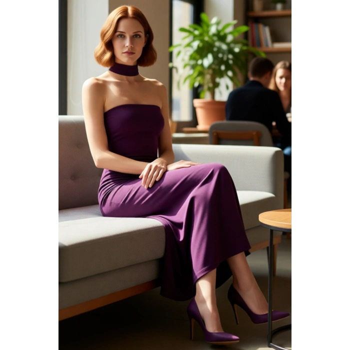 Kadın Kolsuz Straplez Maxi Elbise Düz Dokusu Esnek Kumaşıyla Dört Mevsim Konfor Sunar Kaliteli