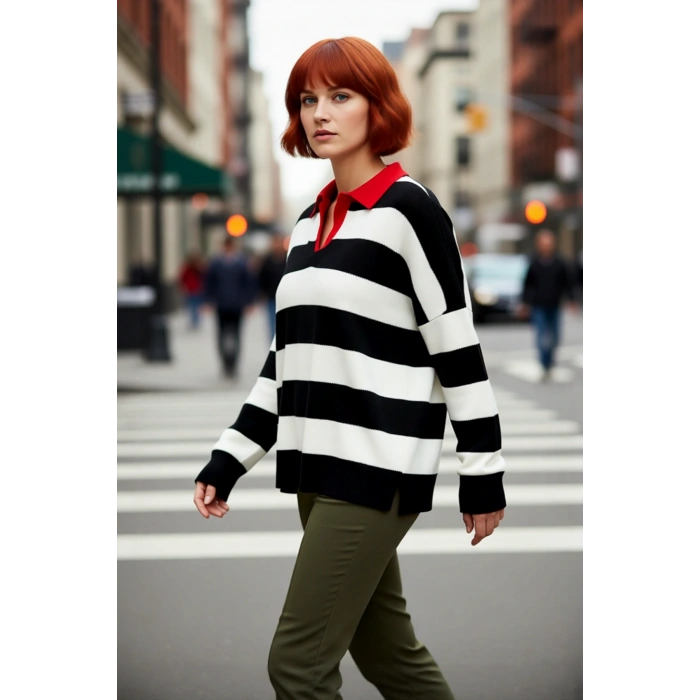 Kadın Konforlu Rahat Kesim Polo Yaka Çizgili Uzun Kollu Triko Kazak Orta Kalınlık Günlük Şıklık