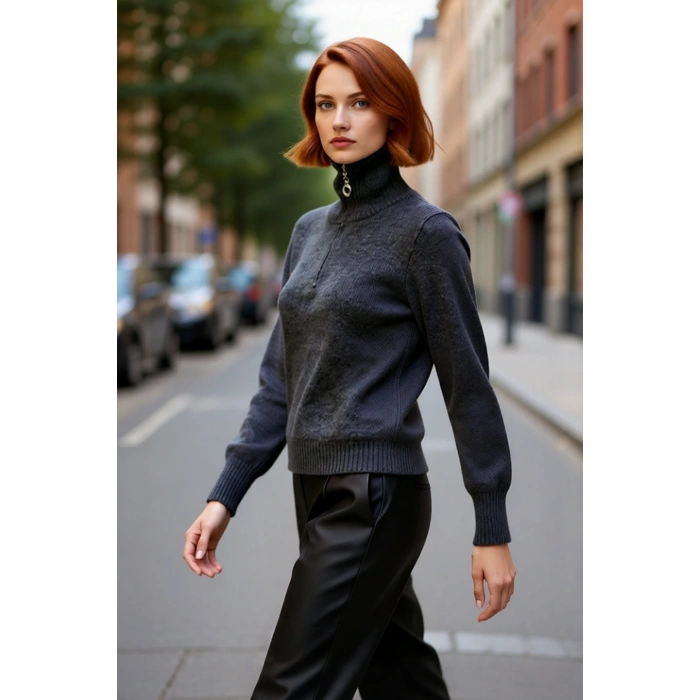 Kadın Konforlu Selanik Dokuma Fermuarlı Dik Yaka Triko Kazak Günlük Kış Stilinize Fark Katın