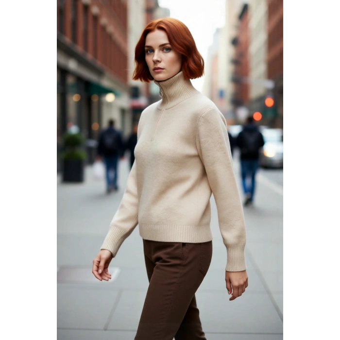 Kadın Konforlu Selanik Dokuma Fermuarlı Dik Yaka Triko Kazak Günlük Kış Stilinize Fark Katın