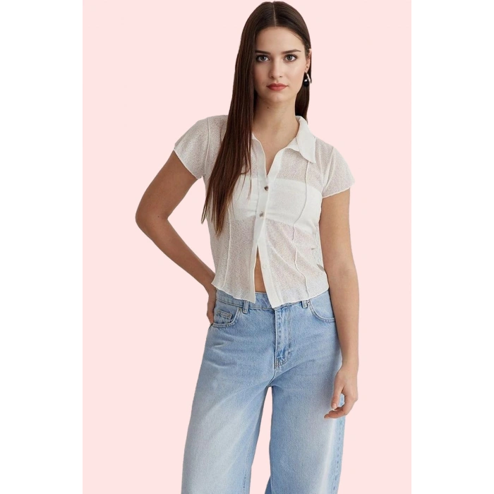 Kadın Köpük Kumaş Basic Fitted Gömlek Yaka Kısa Kollu Rahat Günlük Stil Yaz Aylarının Vazgeçilmezi